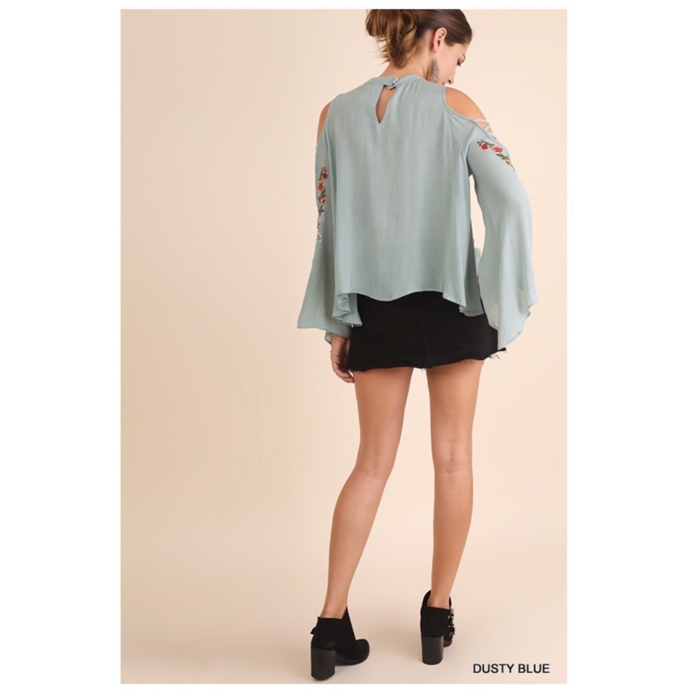 Embroidered Crisscross Cold Shoulder Blouse Blue - Picture 4 of 6